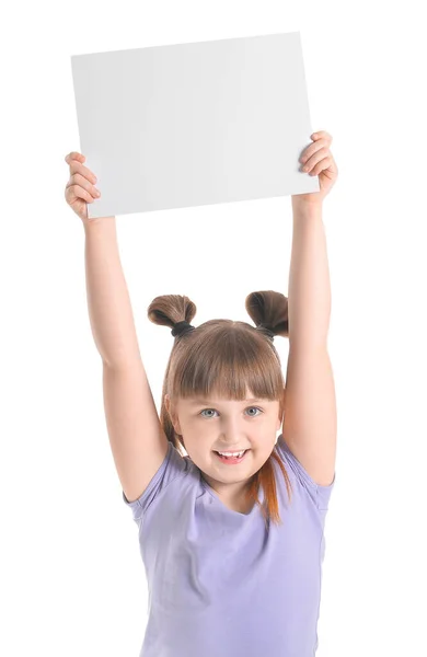 Menina Com Cartão Branco Fundo Branco — Fotografia de Stock