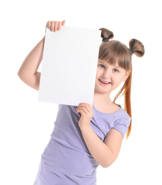 Menina Com Cartão Branco Fundo Branco — Fotografia de Stock