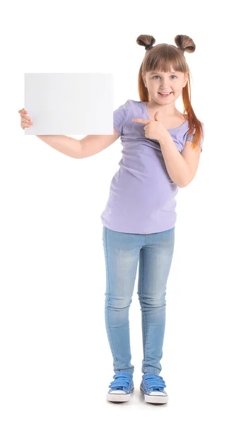 Menina Com Cartão Branco Fundo Branco — Fotografia de Stock