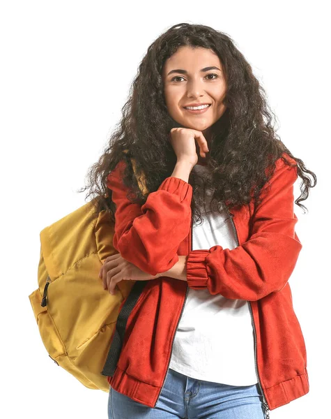 Jovem Com Mochila Fundo Branco — Fotografia de Stock