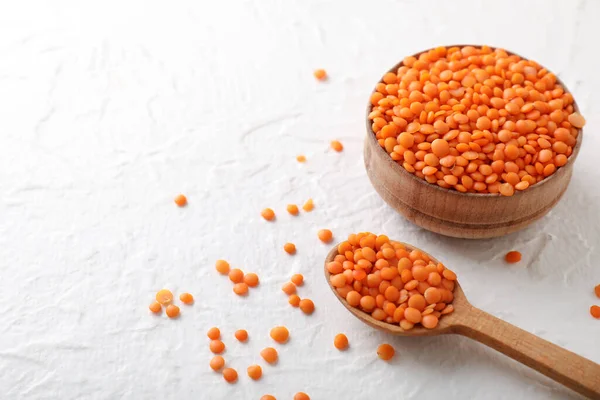Bowl Spoon Red Lentils Light Background — Stock Photo, Image