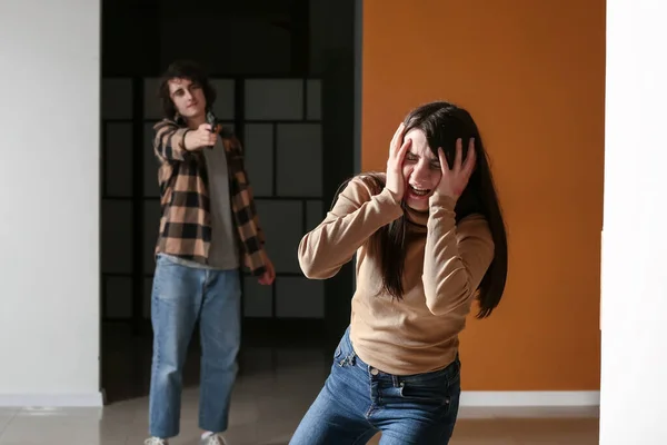 Scared Young Woman Running Away Crazy Maniac Room — Stock Photo, Image