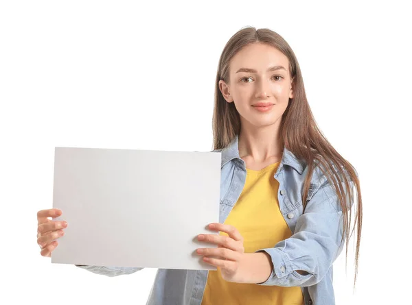 Young Woman Blank Card White Background — Stock Photo, Image