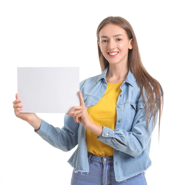 Young Woman Blank Card White Background — Stock Photo, Image