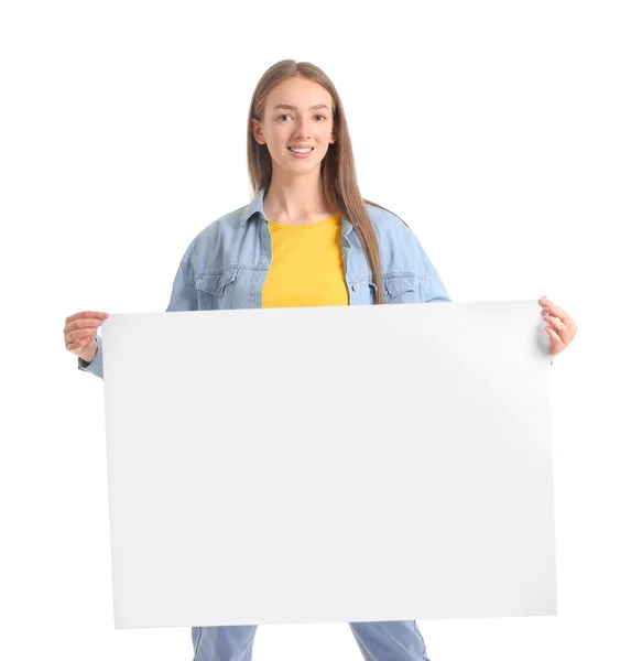 Mujer Joven Con Cartel Blanco Sobre Fondo Color — Foto de Stock