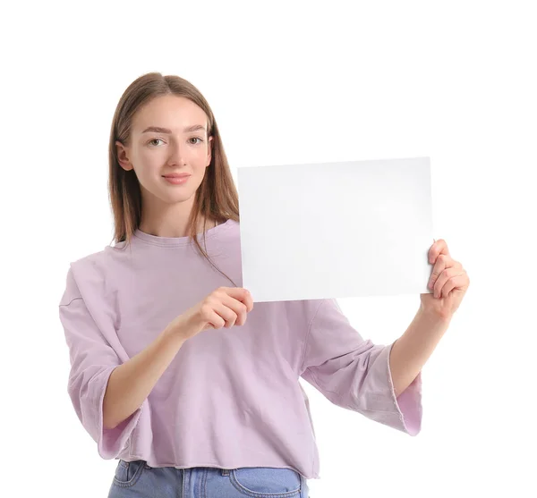 Young Woman Blank Card White Background — Stock Photo, Image