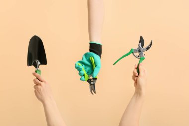 Renk arkaplan üzerinde bahçe araçları olan kadın eller