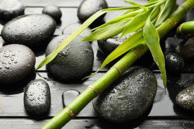 Koyu ahşap arka planda spa taşları ve bambu.