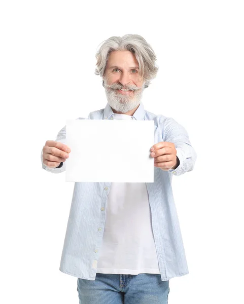 Senior Man Blank Card White Background — Stock Photo, Image