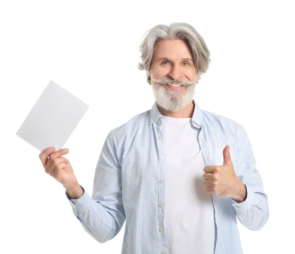 Senior Man Blank Card Showing Thumb White Background — Stock Photo, Image