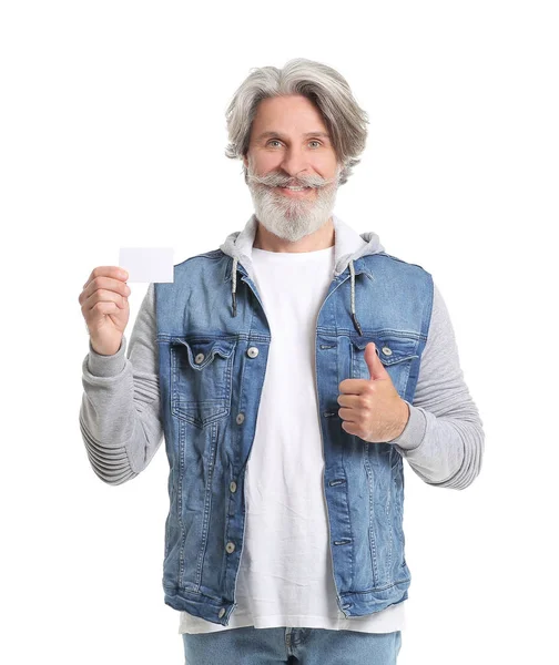 Senior Man Blank Business Card Showing Thumb White Background — Stock Photo, Image