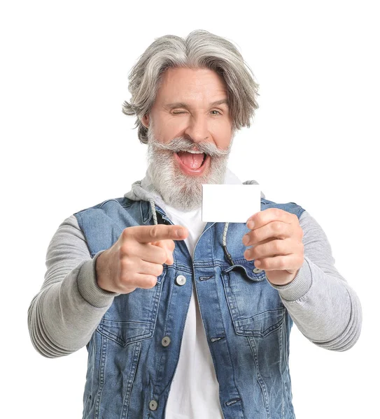 Senior Mann Mit Leerer Visitenkarte Auf Weißem Hintergrund — Stockfoto