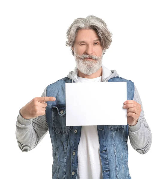 Senior Man Blank Card White Background — Stock Photo, Image