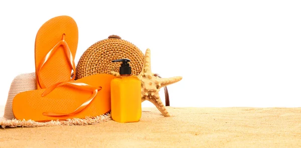 Set Beach Accessories Sand White Background — Stock Photo, Image