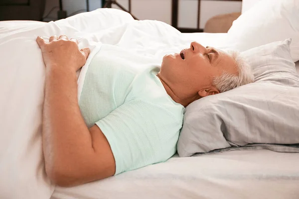 Mature Man Snoring While Sleeping Bed Apnea Problem — Stock Photo, Image