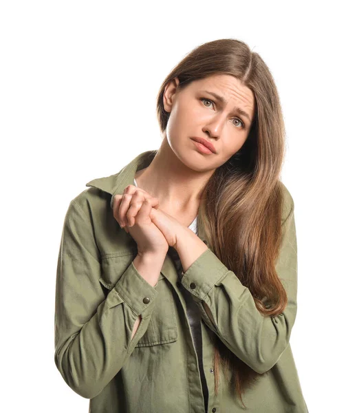 Apologizing Young Woman White Background — Stock Photo, Image