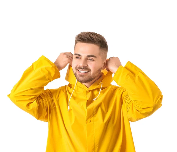 Young Man Raincoat White Background — Stock Photo, Image