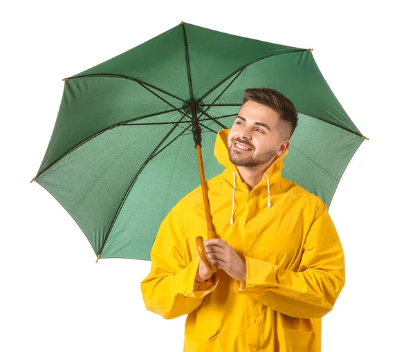 Jeune Homme Imperméable Avec Parapluie Sur Fond Blanc — Photo