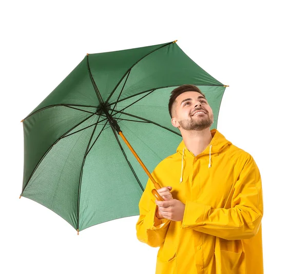 Mladý Muž Pláštěnce Deštníkem Bílém Pozadí — Stock fotografie