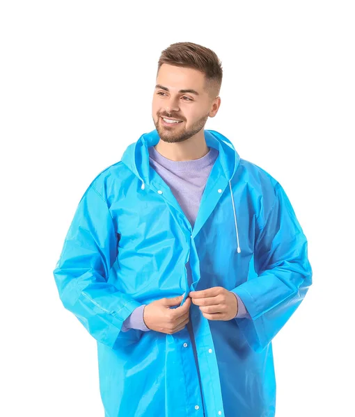 Hombre Joven Impermeable Sobre Fondo Blanco — Foto de Stock