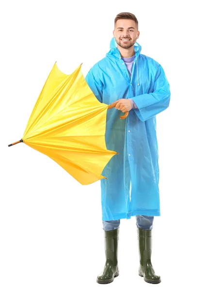 Junger Mann Regenmantel Und Mit Regenschirm Auf Weißem Hintergrund — Stockfoto