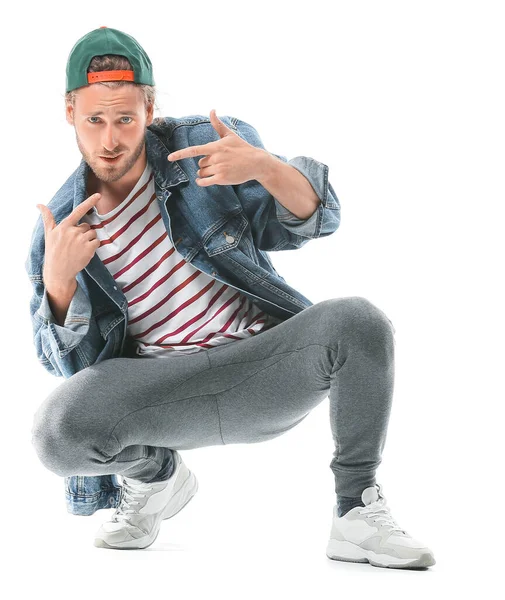 Masculino Hip Hop Dançarino Fundo Branco — Fotografia de Stock