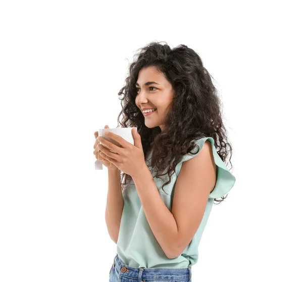 stock image Beautiful young woman with hot tea on white background