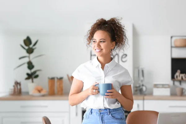 Beautiful Young African American Woman Drinking Hot Tea Home — Stock Photo, Image