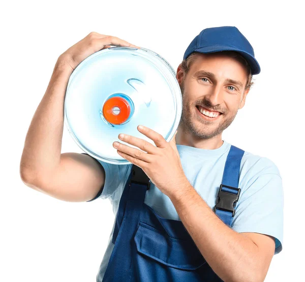 Entrega Homem Com Garrafa Água Fundo Branco — Fotografia de Stock