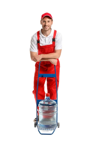 Delivery Man Bottle Water White Background — Stock Photo, Image