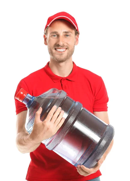 Entrega Homem Com Garrafa Água Fundo Branco — Fotografia de Stock