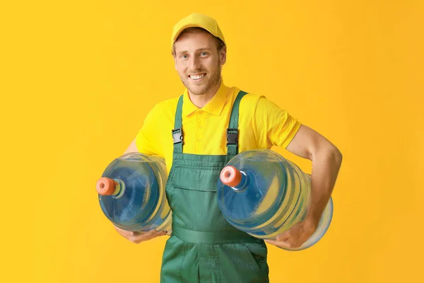 Delivery Man Bottles Water Color Background — Stock Photo, Image