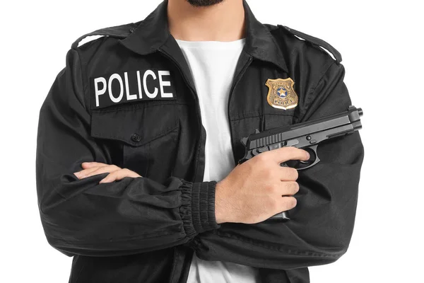 Bonito Policial Com Arma Fundo Branco — Fotografia de Stock