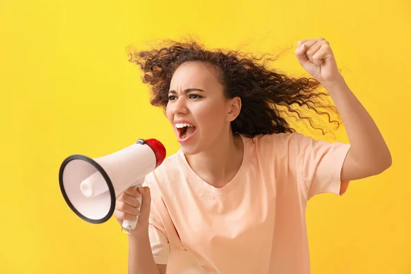 Angry Protesting African American Woman Megaphone Color Background — Stock Photo, Image