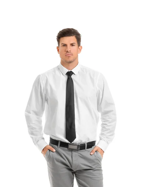 Jovem Empresário Camisa Elegante Fundo Branco — Fotografia de Stock