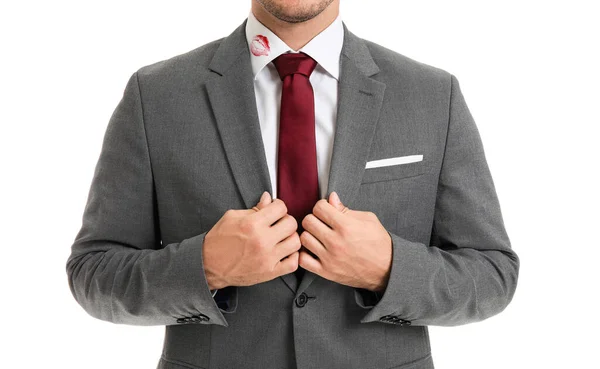 Молодой Бизнесмен Отпечатками Губ Воротнике Рубашки Белом Фоне — стоковое фото