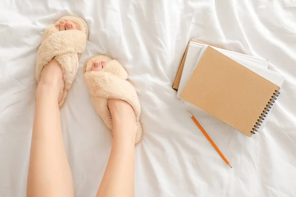 Woman Soft Slippers Sitting Bed — Stock Photo, Image