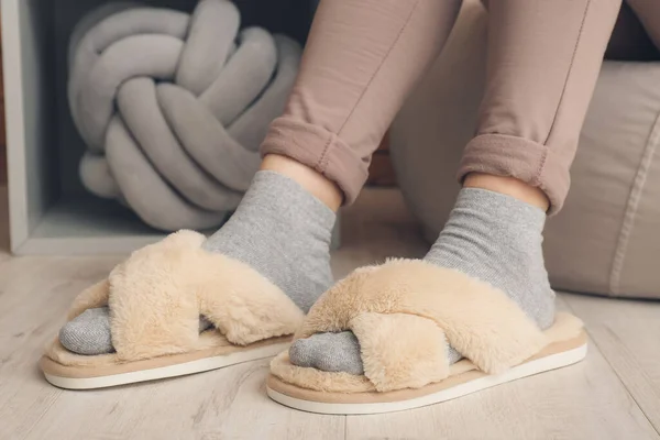 Woman Soft Slippers Sitting Pouf Home — Stock Photo, Image