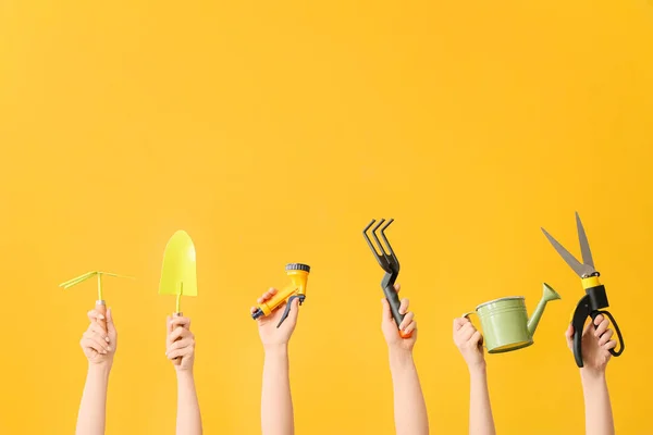 Female Hands Gardening Tools Color Background — Stock Photo, Image