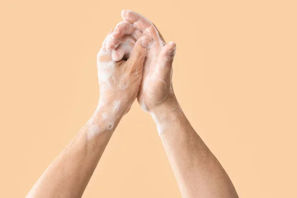 Man Washing Hands Soap Color Background — Stock Photo, Image