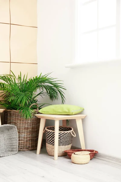 Stool Wicker Baskets Pillow Houseplant Room — Stock Photo, Image