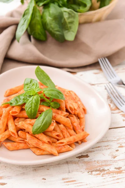 Plate Tasty Pasta Tomato Sauce Table — Stock Photo, Image