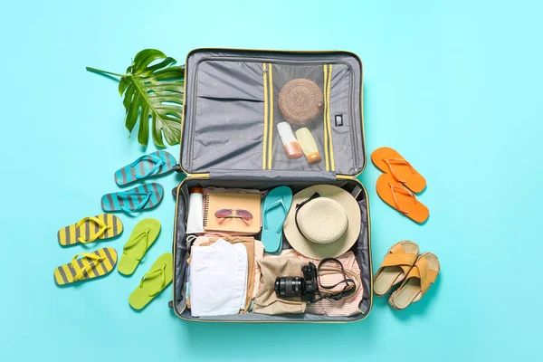 Packed Luggage Color Background Travel Concept — Stock Photo, Image