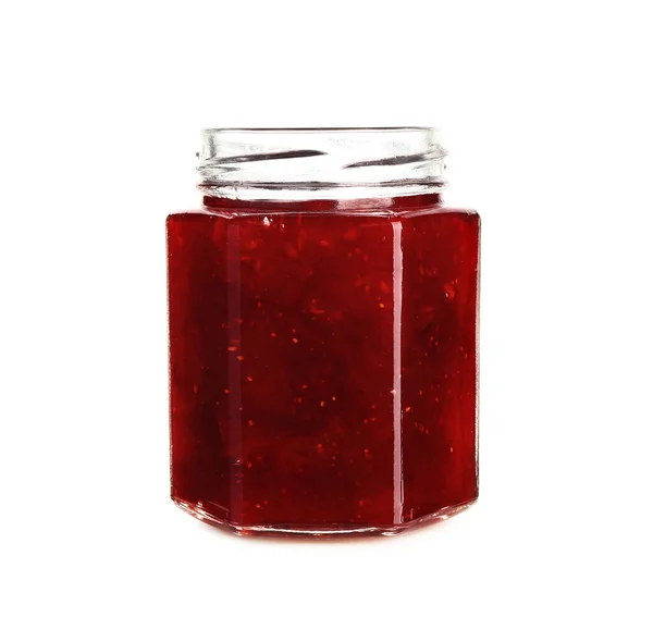 Glas Leckere Erdbeermarmelade Auf Weißem Hintergrund — Stockfoto