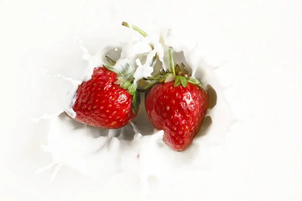 Falling Fresh Strawberries Milk — Stock Photo, Image