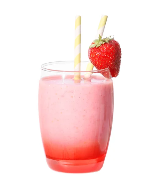 Glas Leckerer Erdbeer Smoothie Auf Weißem Hintergrund — Stockfoto