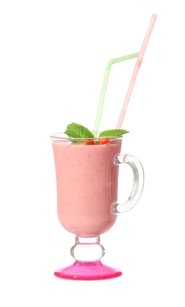 Coupe Smoothie Aux Fraises Savoureux Sur Fond Blanc — Photo