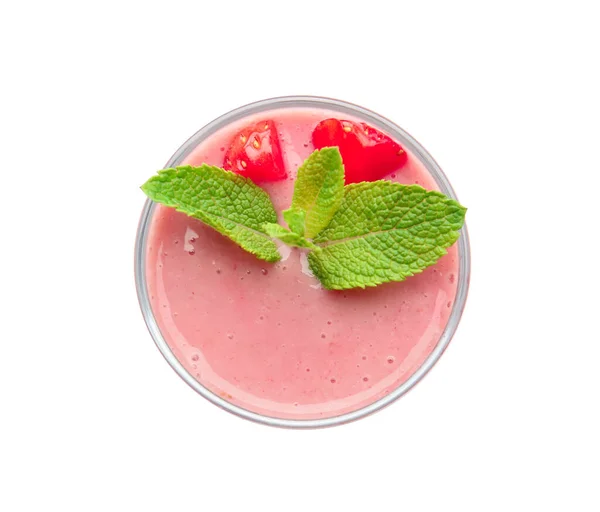 Verre Smoothie Aux Fraises Savoureux Sur Fond Blanc — Photo