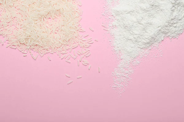 Reis Und Mehl Auf Farbigem Hintergrund — Stockfoto