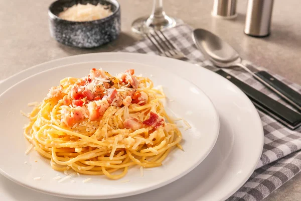 Plate Tasty Pasta Carbonara Table Closeup — Stock Photo, Image